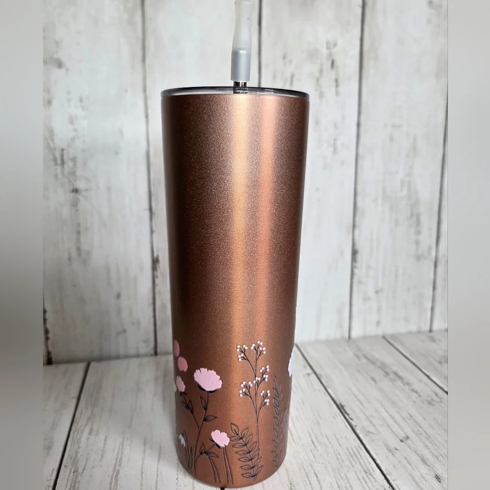 Insulated Rose Gold Floral Tumbler with Straw